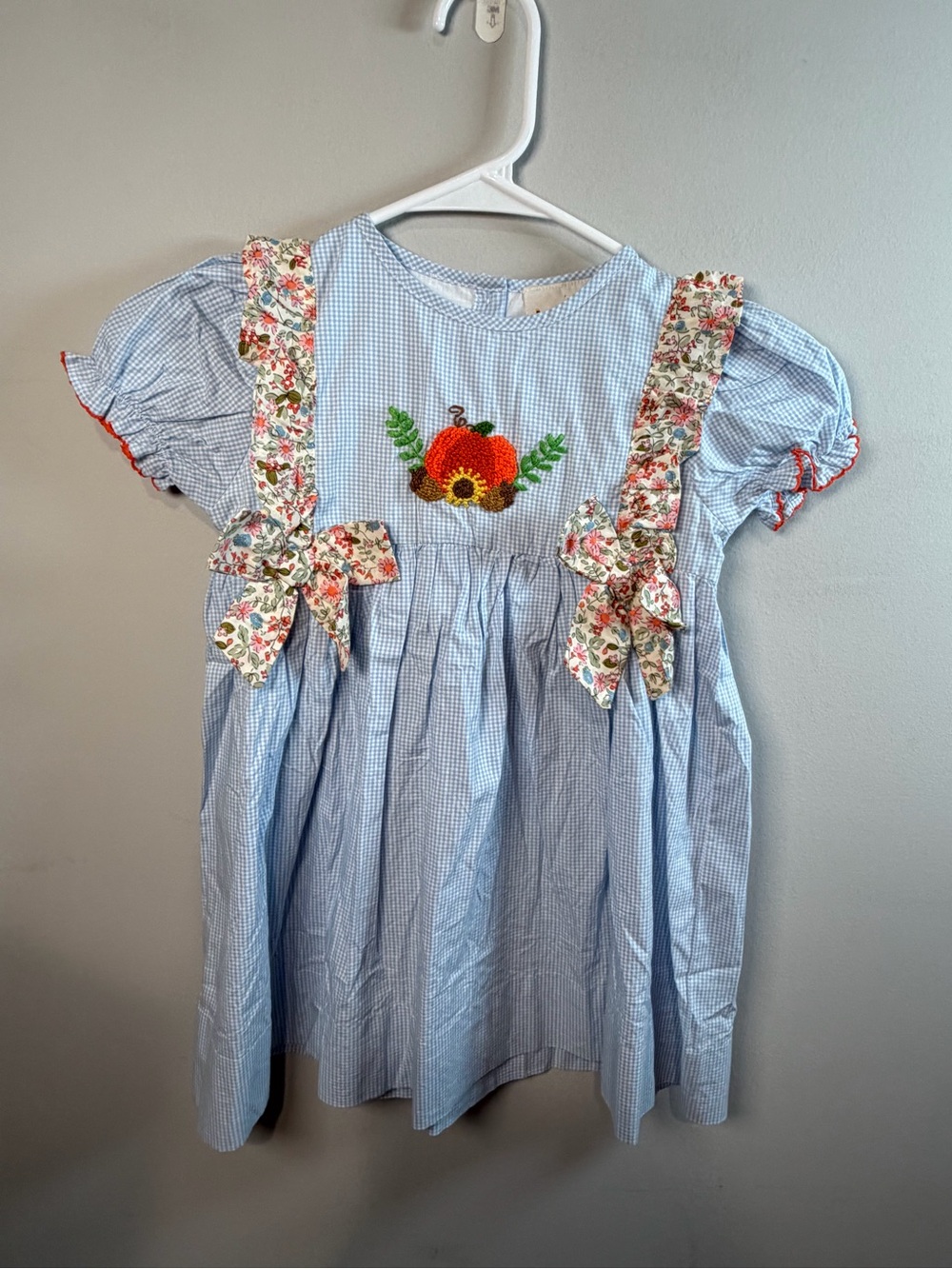 Babeeni French Knot Pumpkin Appliqué Girls' Halloween Dress Blue/White Sz 4T NWT